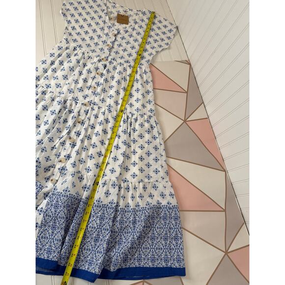 NWT Blue Pepper Geometric Print Midi Dress Blue White Tiered V-Neck Summer Sz M - Picture 7 of 7